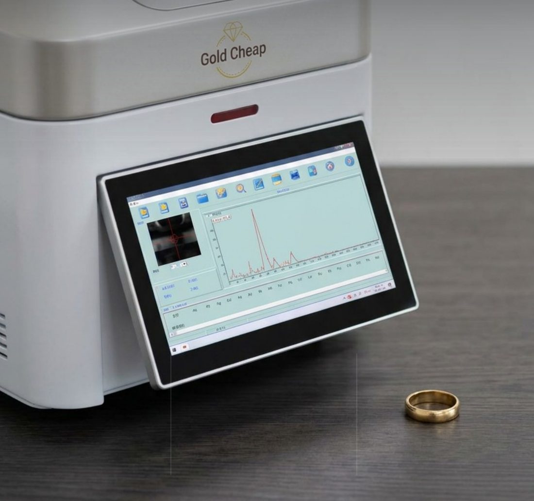 XRF 분석기 터치 화면에 표시된 측정 스펙트럼과 옆에 놓인 금반지